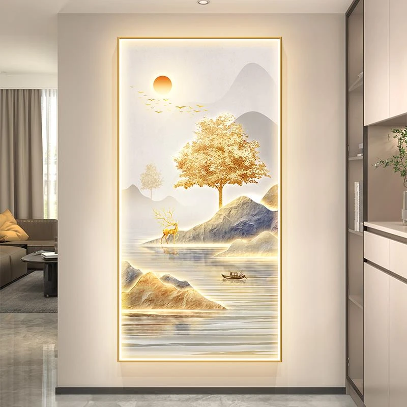 旭日东升入户玄关装饰画高级感发财树山水画走廊过道挂画现代轻奢