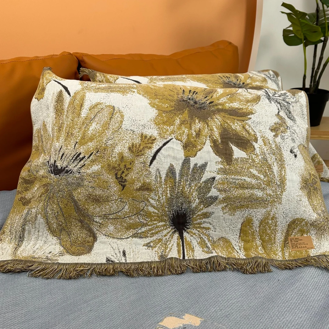 【金枝菊】流苏纱布棉枕巾复古布艺长方形一对52*75