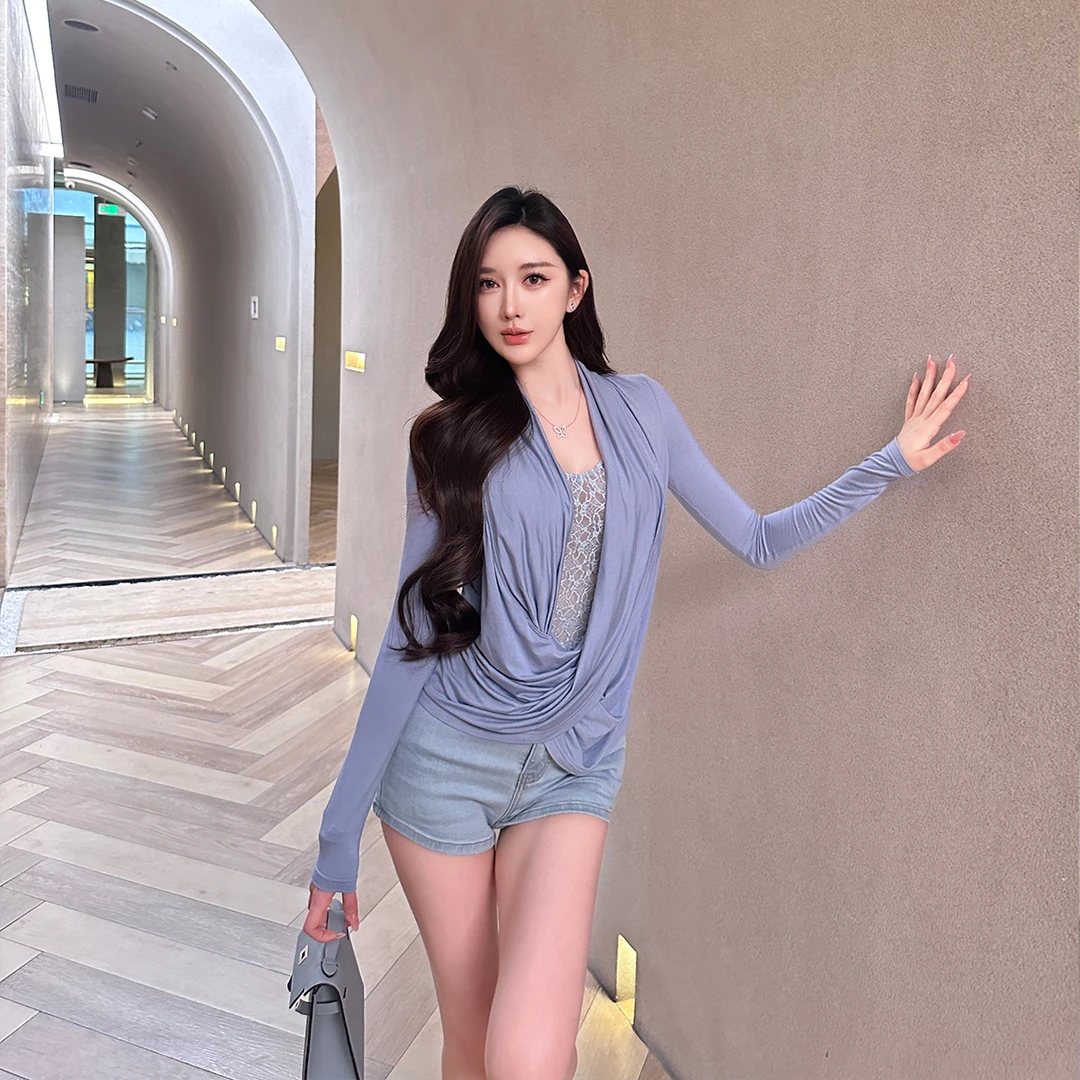SX善喜蓝色交叉荡领针织弹力褶皱长袖上衣女拼蕾丝微透性感假两件