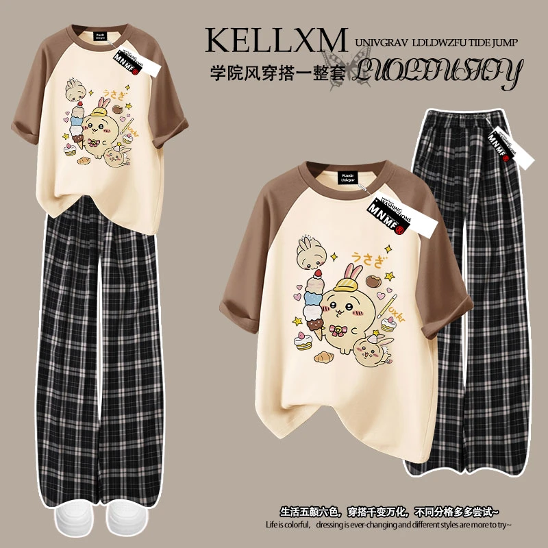 夏季新款女童插肩短袖格子裤套装可爱卡通乌萨奇印花中大童两件套