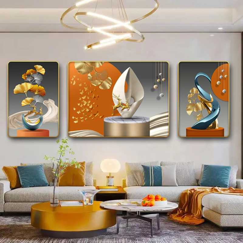 黑马K010银杏叶客厅背景墙挂画沙发背景装饰画现代客厅墙壁挂画