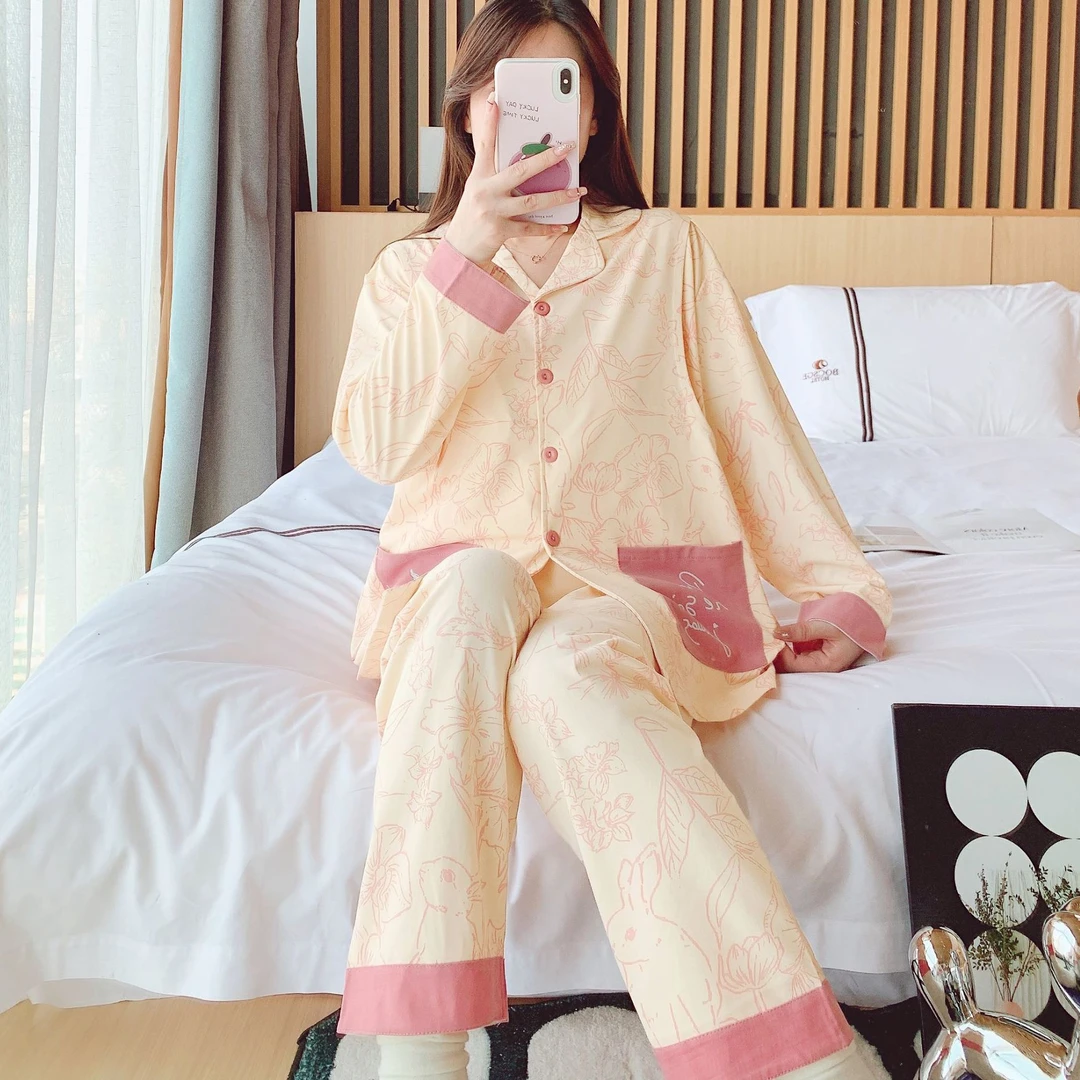 【买一送一】四季款纯棉带胸垫月子服长袖产后哺乳宽松孕妇睡衣