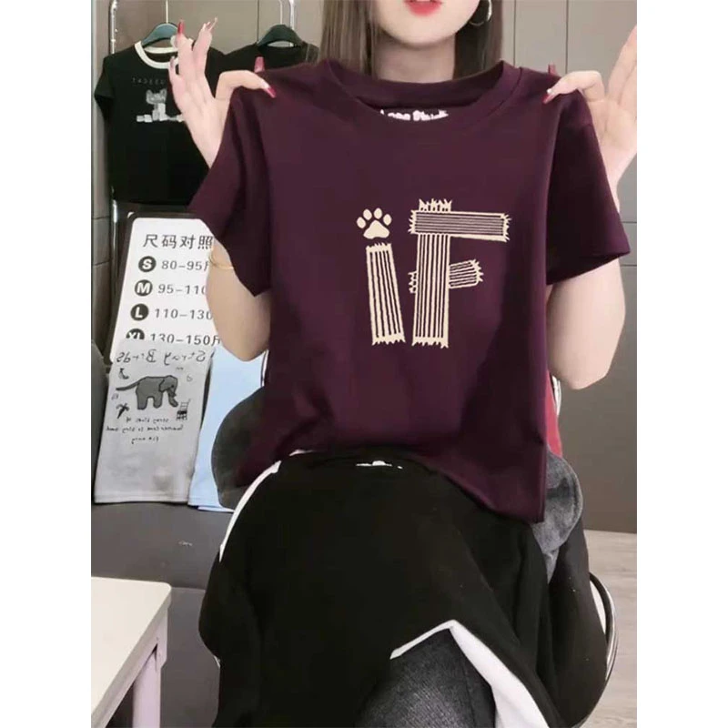 2025新款正肩印花圆领短袖t恤女装时尚百搭乌梅紫色上衣春夏秋季