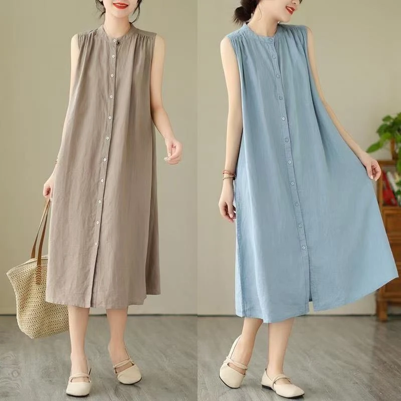 纯色无袖裙子棉麻衬衫夏季气质显瘦宽松休闲纯色连衣裙棉麻连衣裙