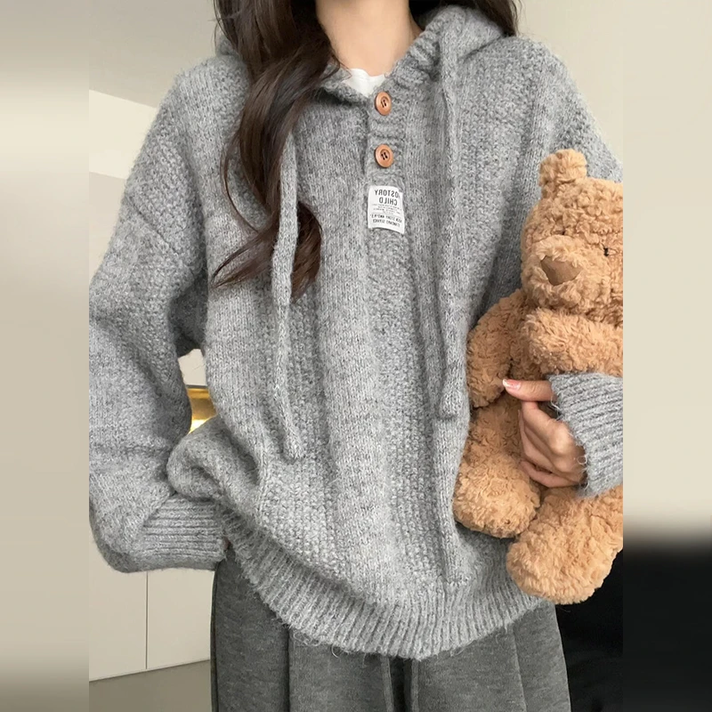 慵懒高级感灰色连帽毛衣女秋冬2026新款卫衣针织衫气质宽松上衣