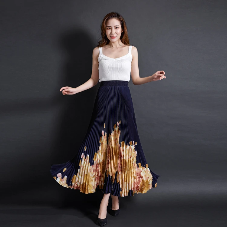大摆裙2025裙子百褶裙半身裙高腰薄款民族风印花气质女裙显瘦夏季