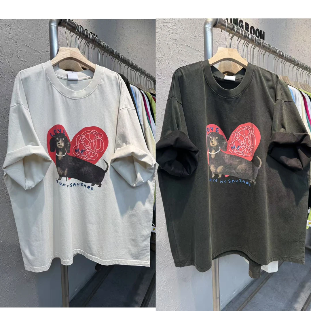 979夏季新款韩版炒色重工爱心狗宽松显瘦圆领大版短袖T恤女