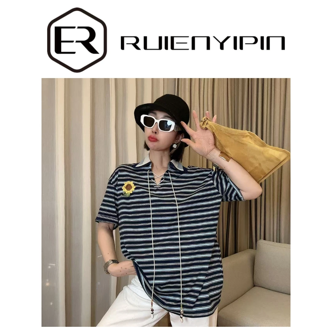 7343#【炫妈】小立领花朵条纹短袖 洋气设计显瘦
