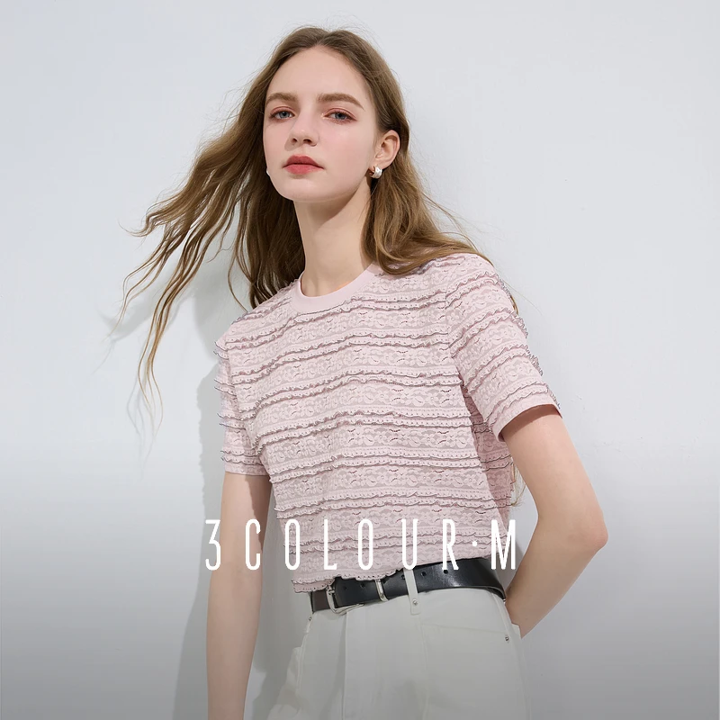 三彩2025夏季新款肌理感蕾丝衫圆领正肩短袖上衣宽松衬衫衬衣女M
