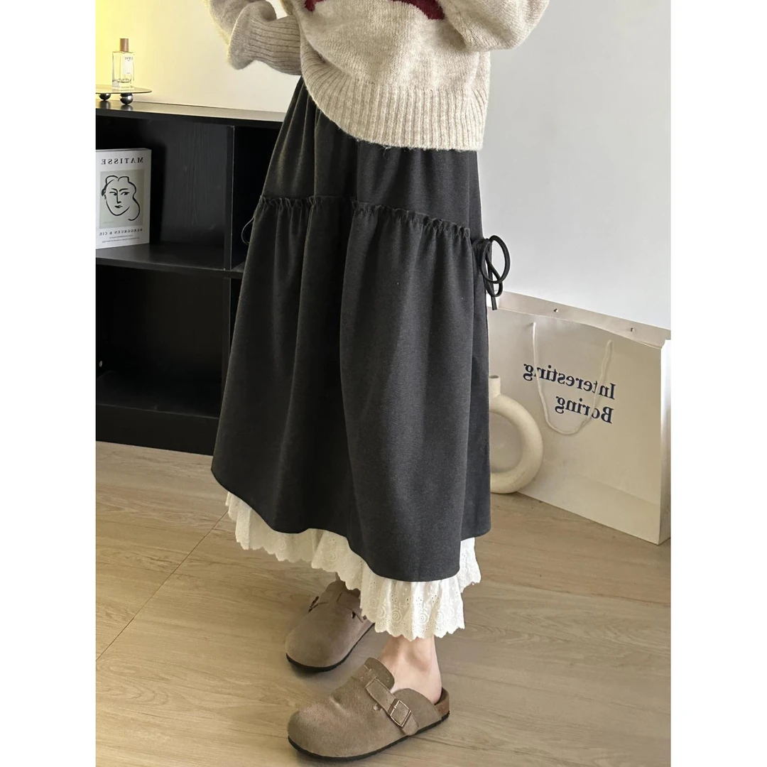 灰色松紧耳边花边拼接半身裙中长款2025高腰秋冬新款长裙显瘦裙子
