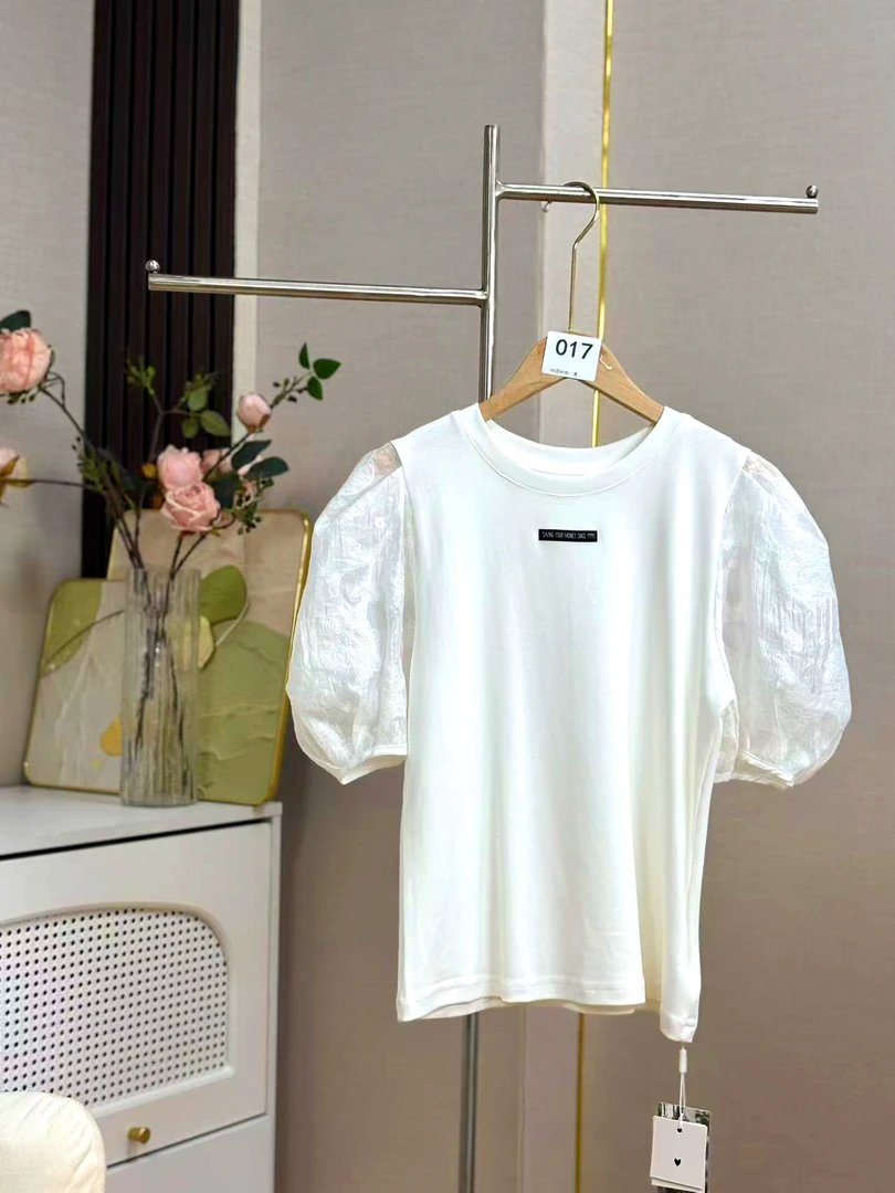 【017】【优-物】百搭短袖圆领白色夏季宽松型T恤泡泡袖时尚提花