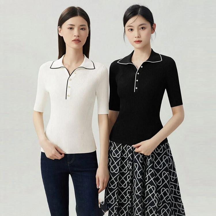 【商场同款】拼色翻领针织衫时尚气质休闲竖坑条冰丝短袖T恤A301170