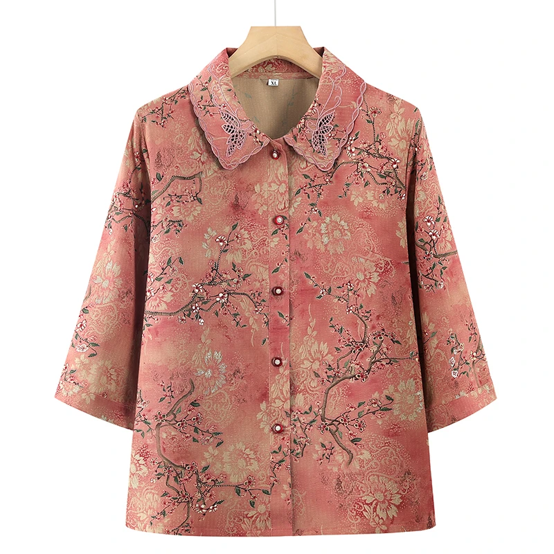 奶奶夏装中袖衬衫老年女装老太太翻领薄款妈妈装夏季衬衫老人衣服