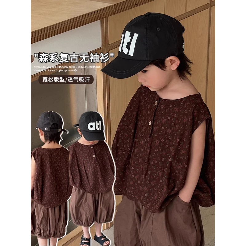 《设计师款》男女童森系圆领无袖衬衫儿童棉麻碎花透气背心25XL1225