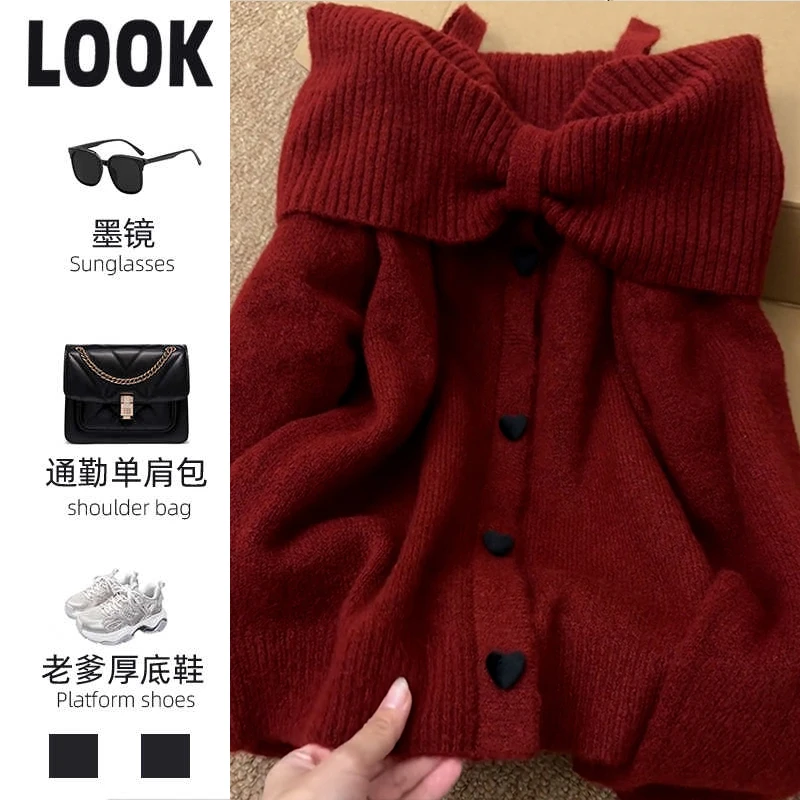 红色一字肩蝴蝶结毛衣女秋冬季2025新款慵懒风高级感露肩针织上衣