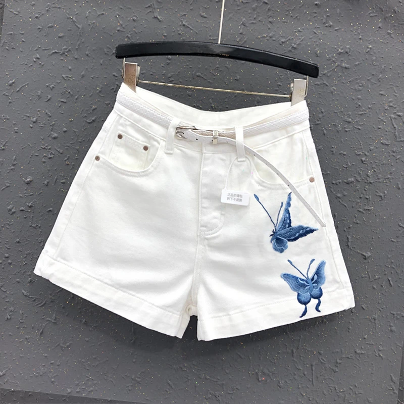 重工夏装高腰休闲a字热裤阔腿蝴蝶时尚潮流刺绣设计牛仔白色短裤