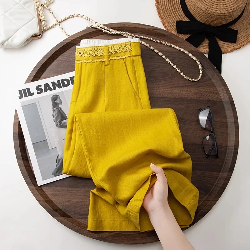 天丝亚麻蕾丝花边阔腿裤女2025新款夏季薄款松紧高腰松弛感休闲裤