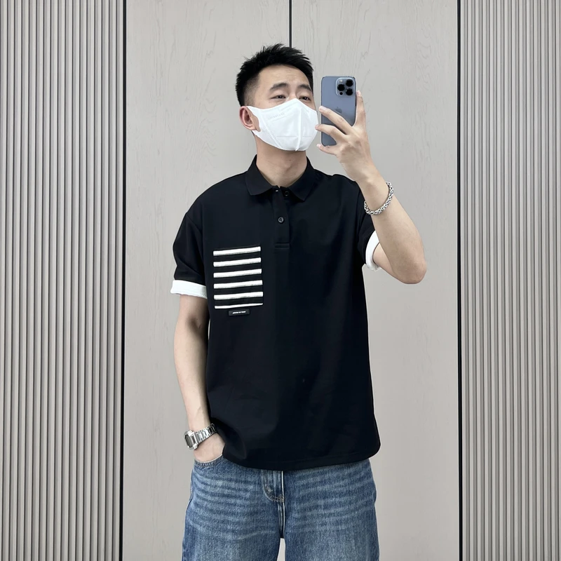 梅一天口袋条纹拼色短袖POLO衫短袖男夏季新款休闲商务翻领保罗衫