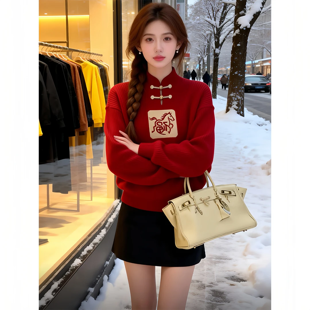 霖优【马上发财】新中式国风盘扣红色针织毛衣女秋冬百搭高级感上衣