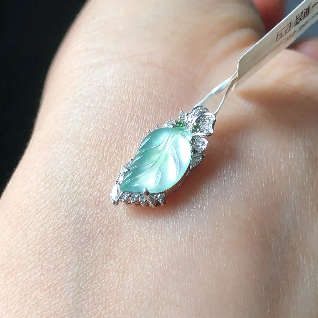 缅甸天然A货翡翠18k金镶嵌老坑高冰种金枝玉叶吊坠尺寸17.7/8.5/4