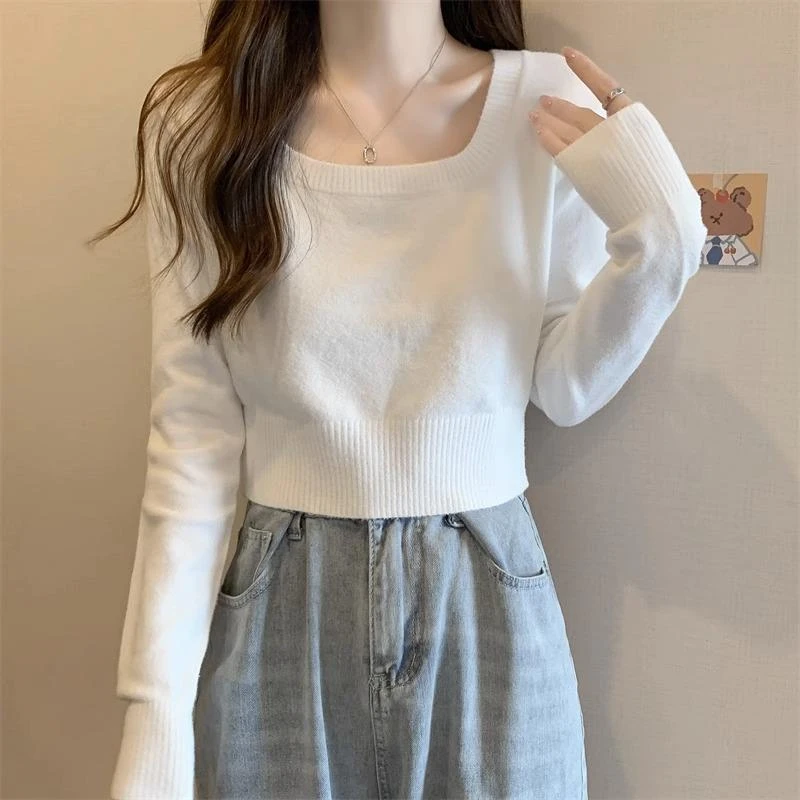 白色方领针织衫女2025新款秋款内搭长袖打底衫小个子收腰短款上衣