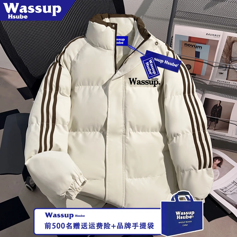WASSUP HSUBE秋冬加绒加厚三条杠米白字母印花防风男简约棉服外套