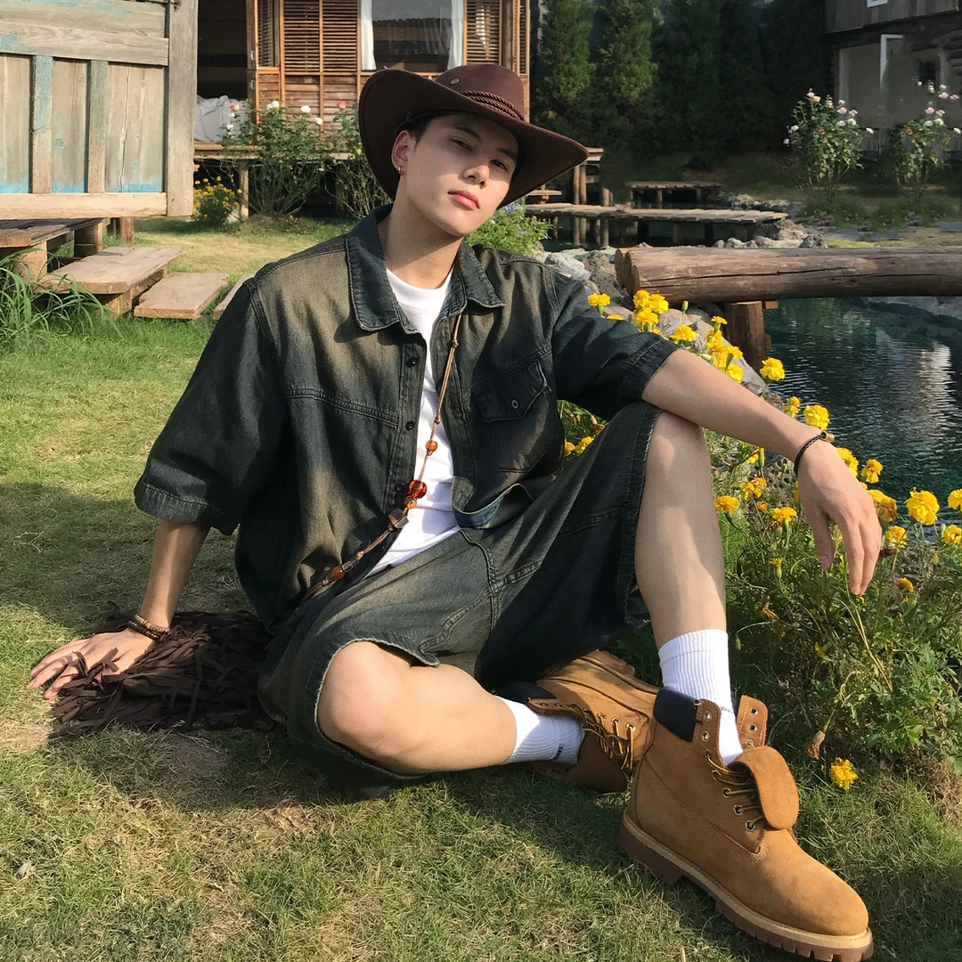 Holocene美式潮流夏季复古牛仔套装高街时尚搭配痞帅一整套68058