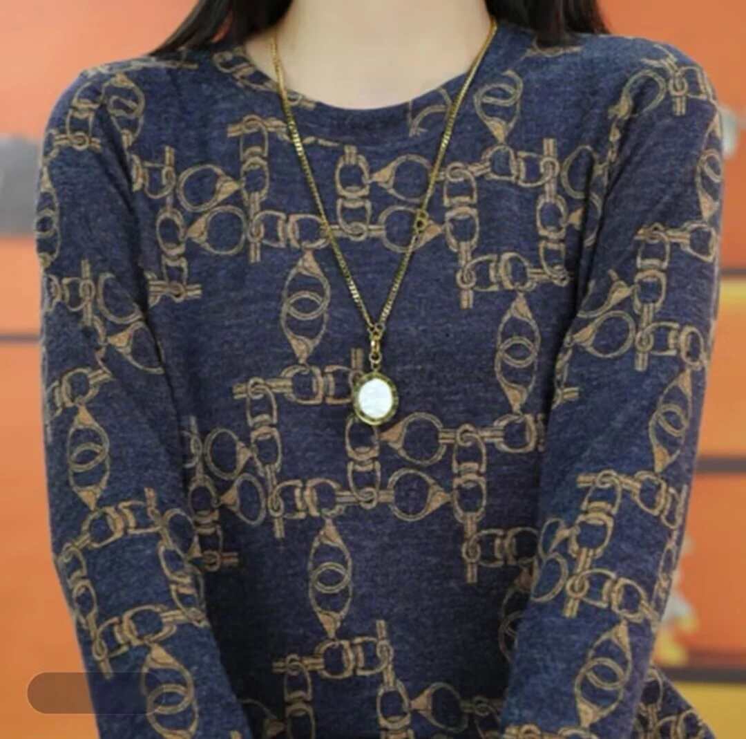 （专属）秋季外穿薄款弹力印花针织衬衫女长袖中年妈妈大码打底上衣