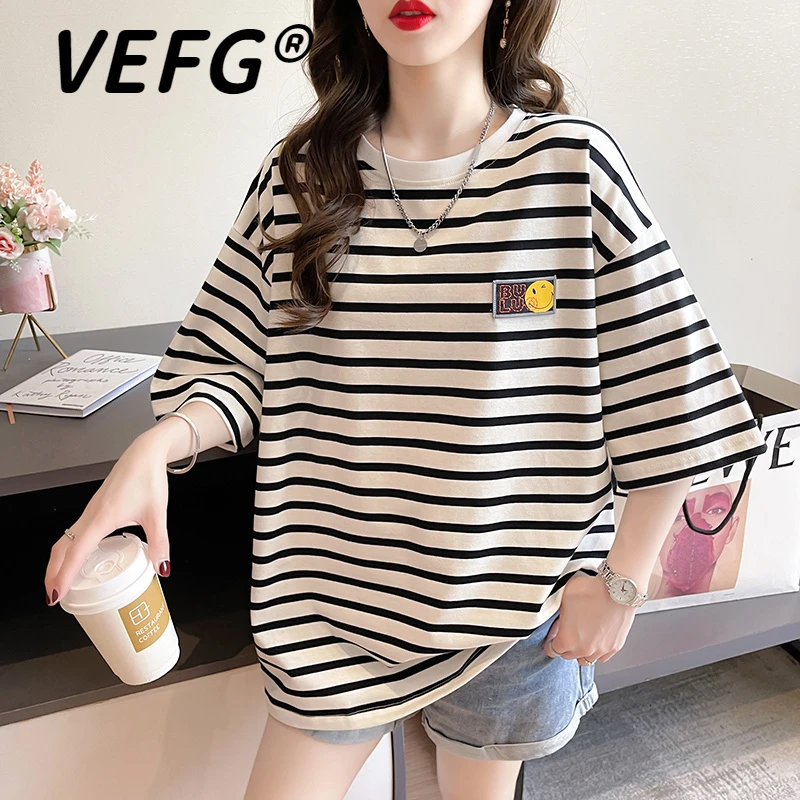 VEFG大码女装黑白条纹纯棉短袖t恤女夏季2025新款宽松洋气设计感