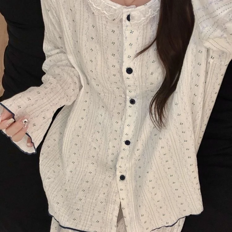 少女甜美蕾丝花边碎花睡衣女春秋新款长袖长裤公主风家居服可外穿