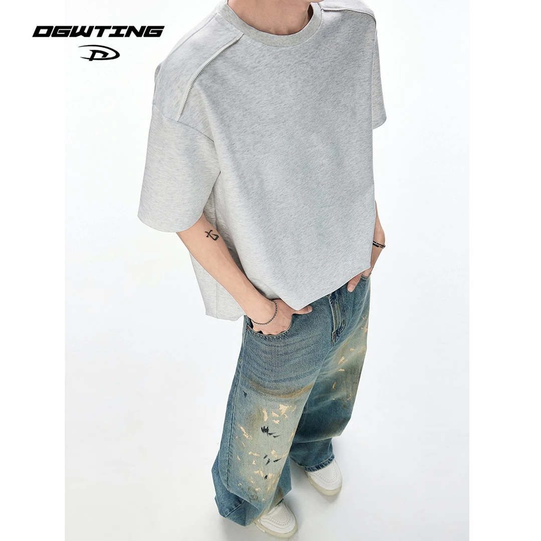 DGWTING美式太空棉重磅Boxy版型短袖男夏季解构拉链设计感T恤半袖