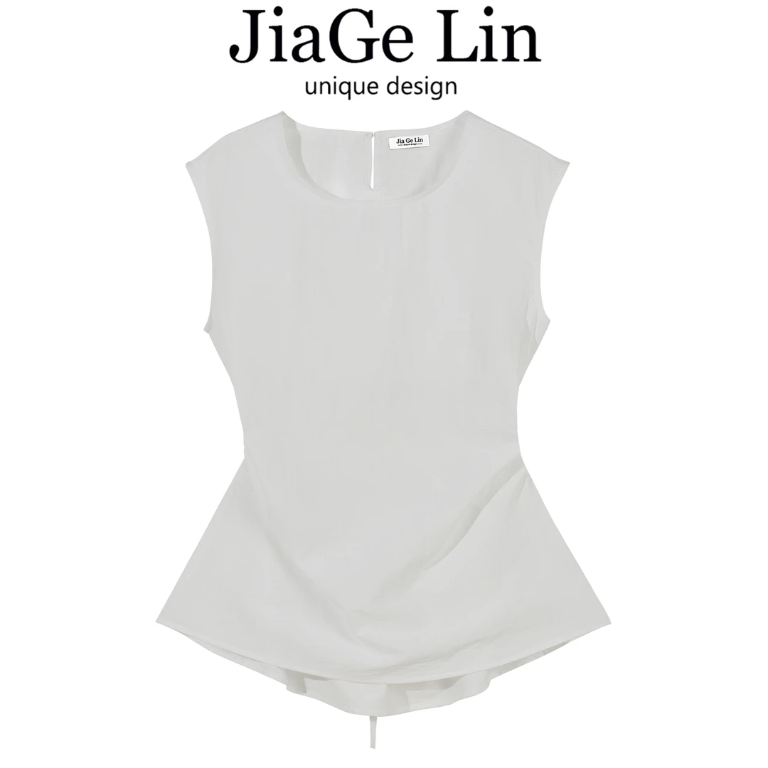 JiaGeLin韩系简约气质露腰无袖背心衬衫独特小衫女夏收腰显瘦上衣