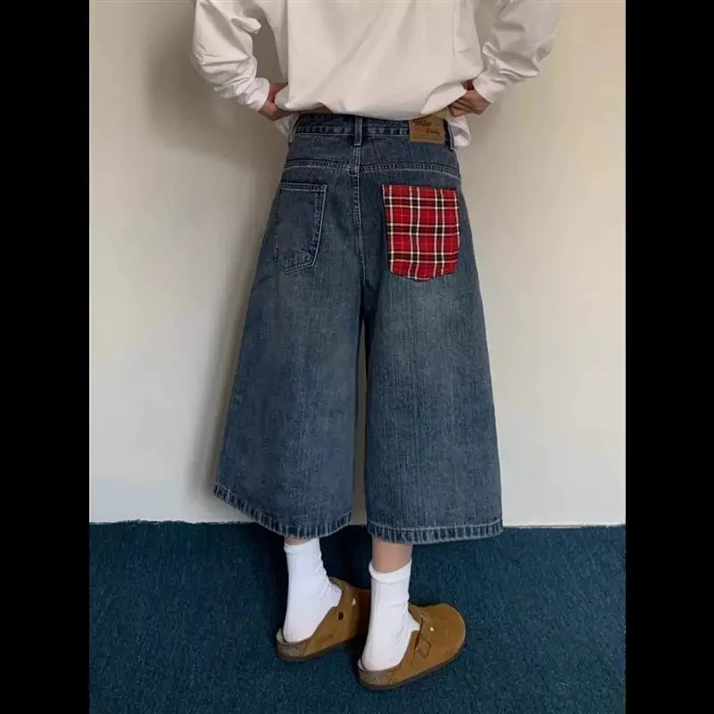美式复古格子拼接牛仔七分裤女夏季新款休闲宽松直筒短裤阔腿中裤