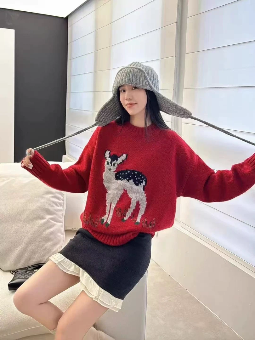 小鹿提花刺绣毛衣女新款慵懒风卡通宽松显瘦套头针织衫上衣8129