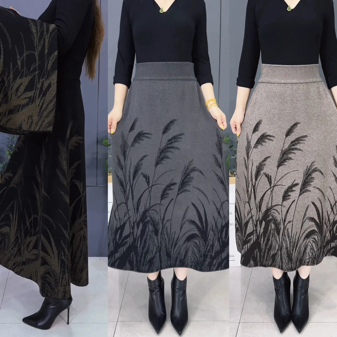 9812-1#秋冬新款芦苇提花松紧腰A字版大摆时尚女士半身裙2025款