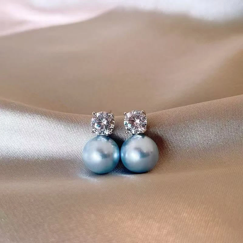 铜合金耳饰 高级感蓝色珠珠耳钉2025新款小众设计感耳环百搭耳饰