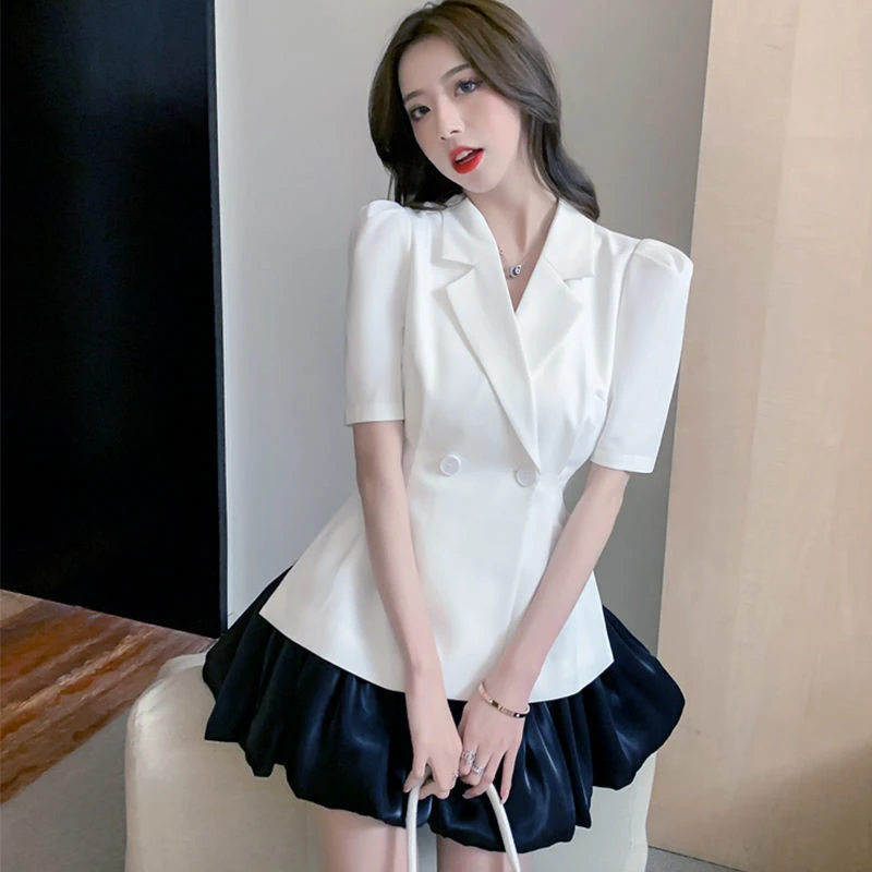 时尚西装外套女春夏季开叉泡泡袖西服蓬蓬短裙两件套洋气职业高级