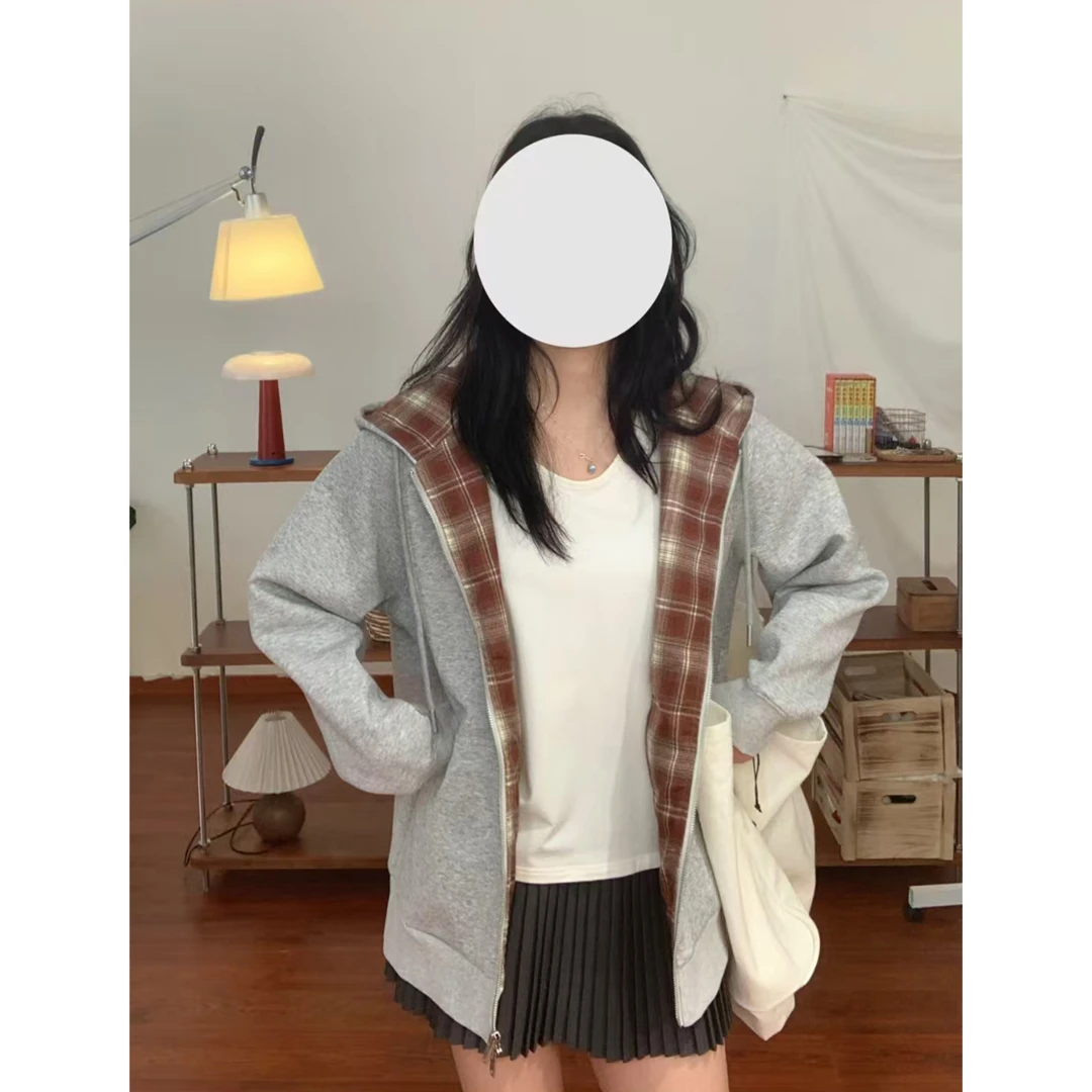 隐藏式口袋卫衣外套女秋季oversize慵懒风灰色松弛感连帽拉链开衫