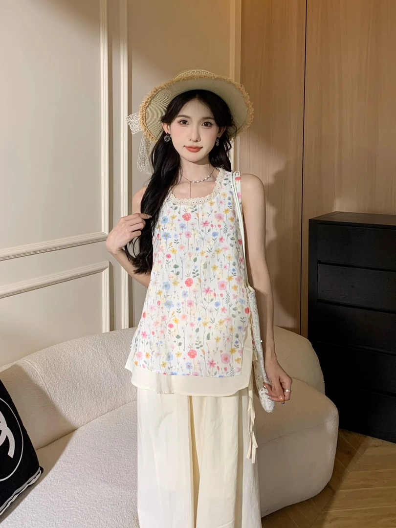 SHAOER【夏日花海】夏日甜美绑带碎花无袖上衣半身裙两件套