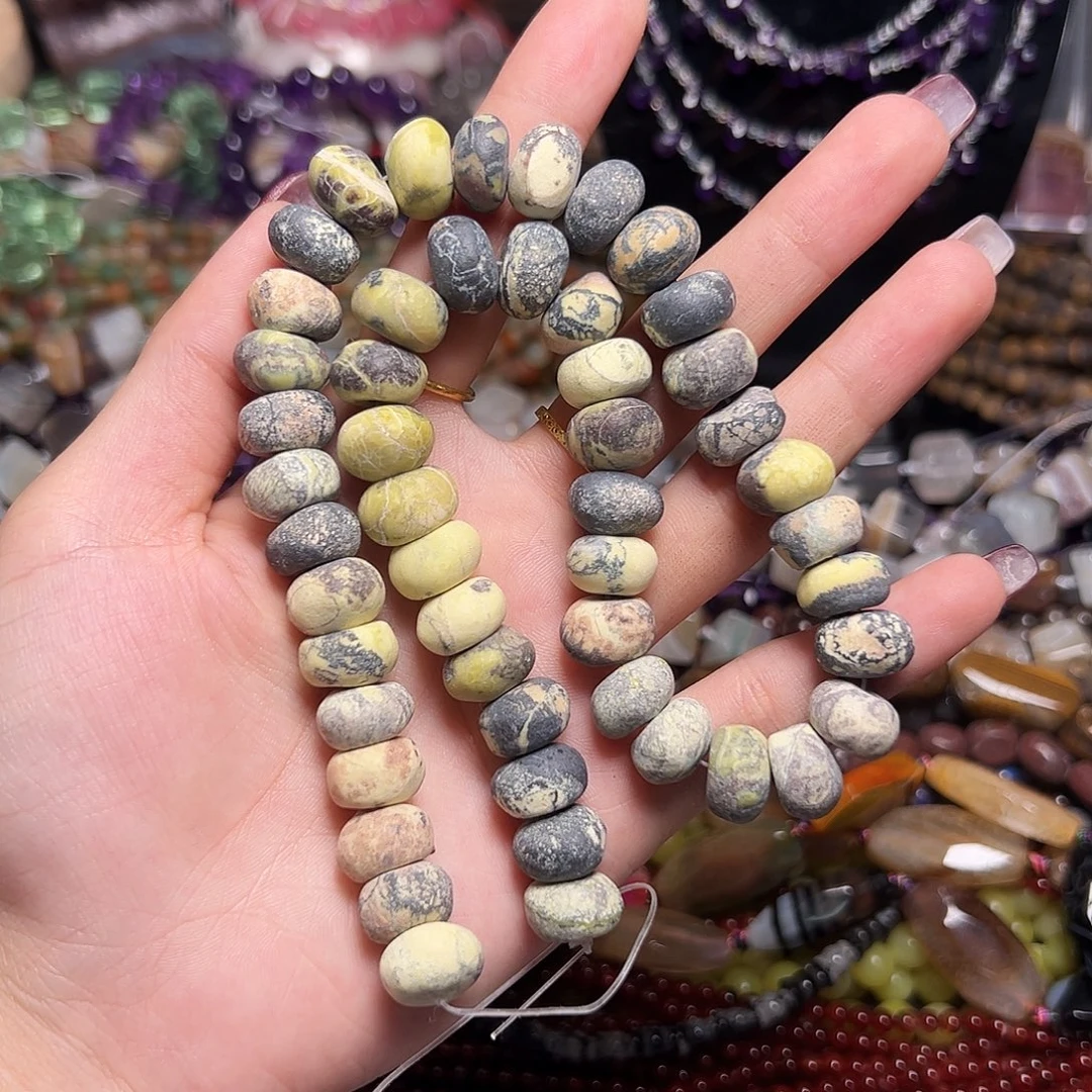 玛瑙/玉髓足银镶嵌珠宝半成品Z83。12m天然柠檬玉算盘珠一条