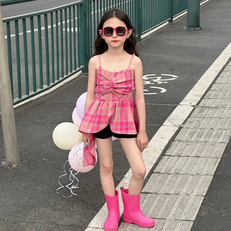 女童套装夏季洋气2025新款格子吊带背心休闲韩版短裤炸街两件套