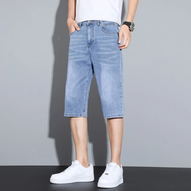 高端牛仔短裤男夏季薄款宽松直筒水洗潮牌2025新款七分休闲中裤子
