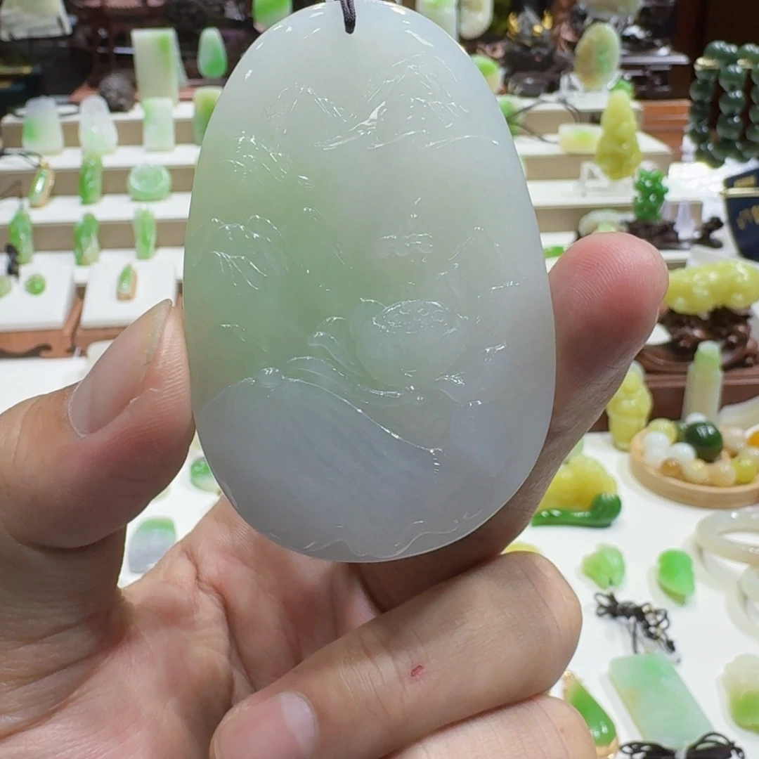 和田玉（翠青玉）未镶嵌挂件和田玉青海翠青三色花开富贵