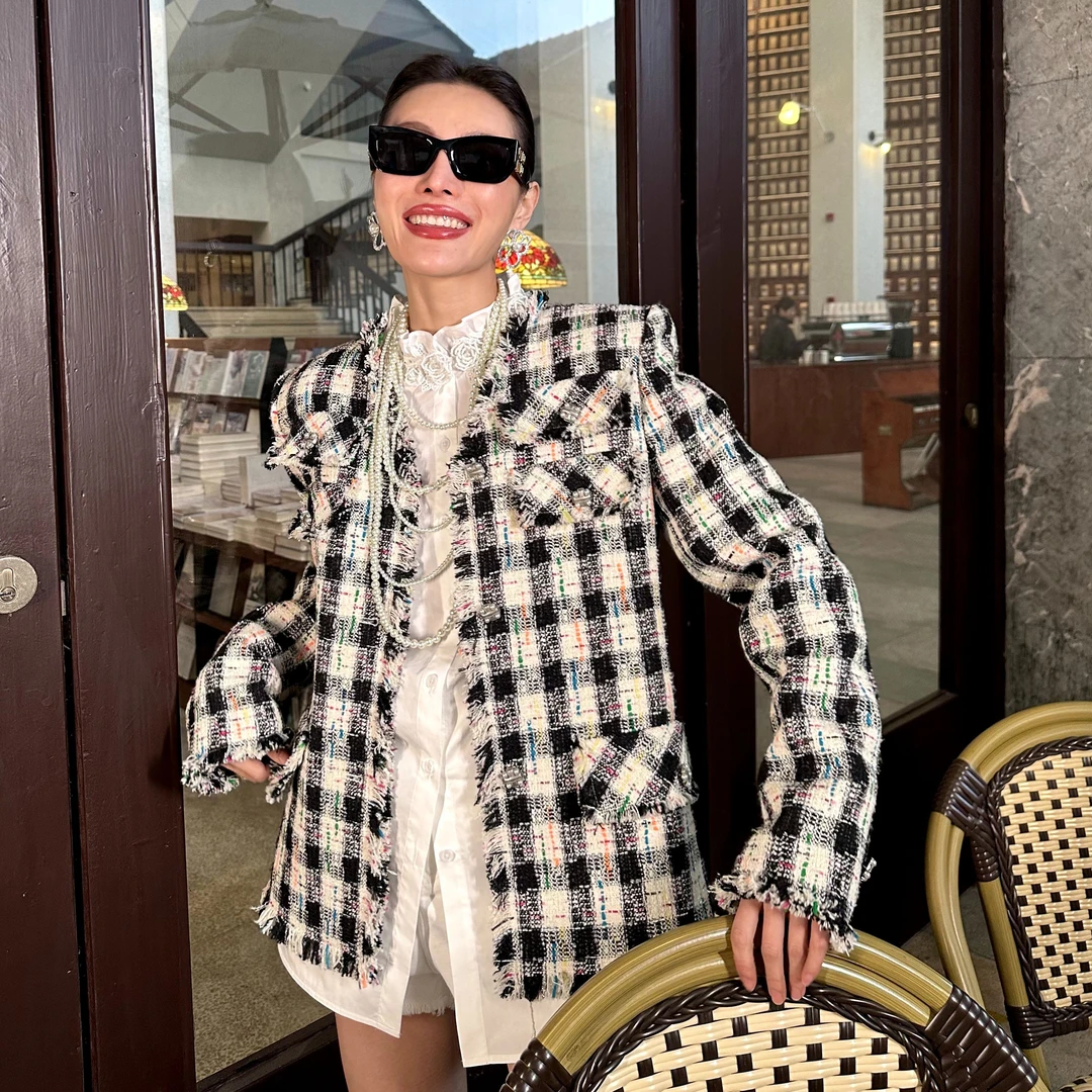 youwei 无领粗花呢格纹外套 JC0029810