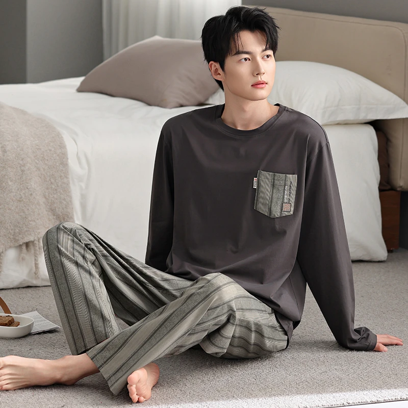 高档爽棉莱卡棉男士睡衣春秋季薄款纯棉长袖圆领睡衣男家居服套装