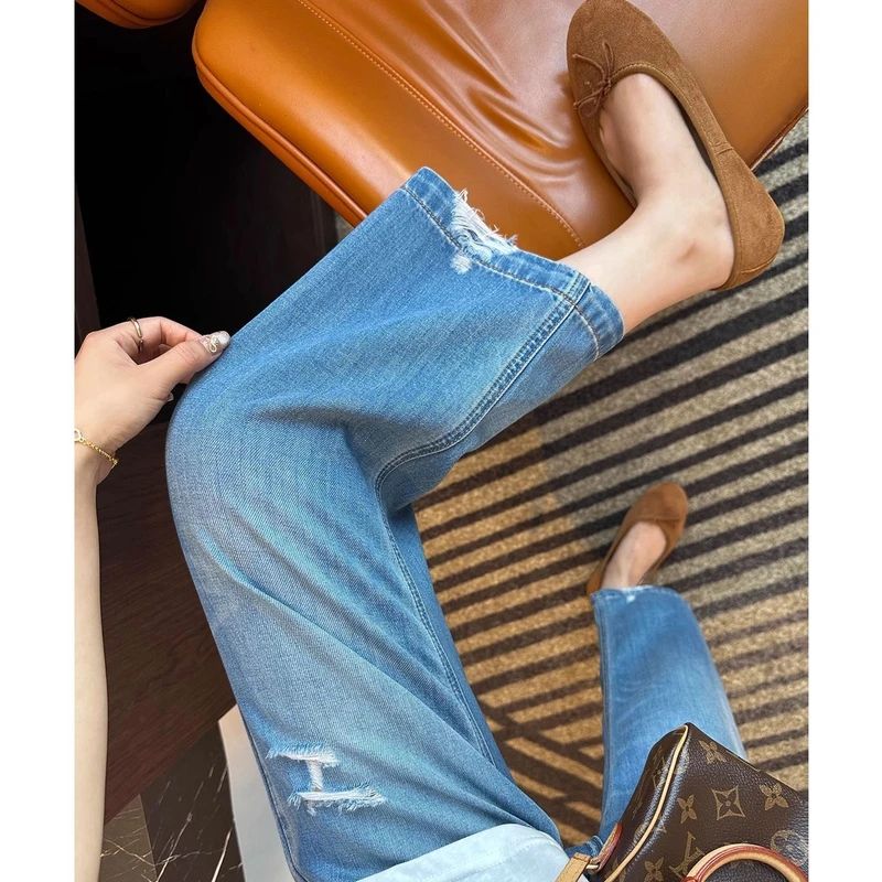 凉感垂感破洞九分直筒牛仔裤女夏季薄款梨形身材宽松显瘦阔腿裤子