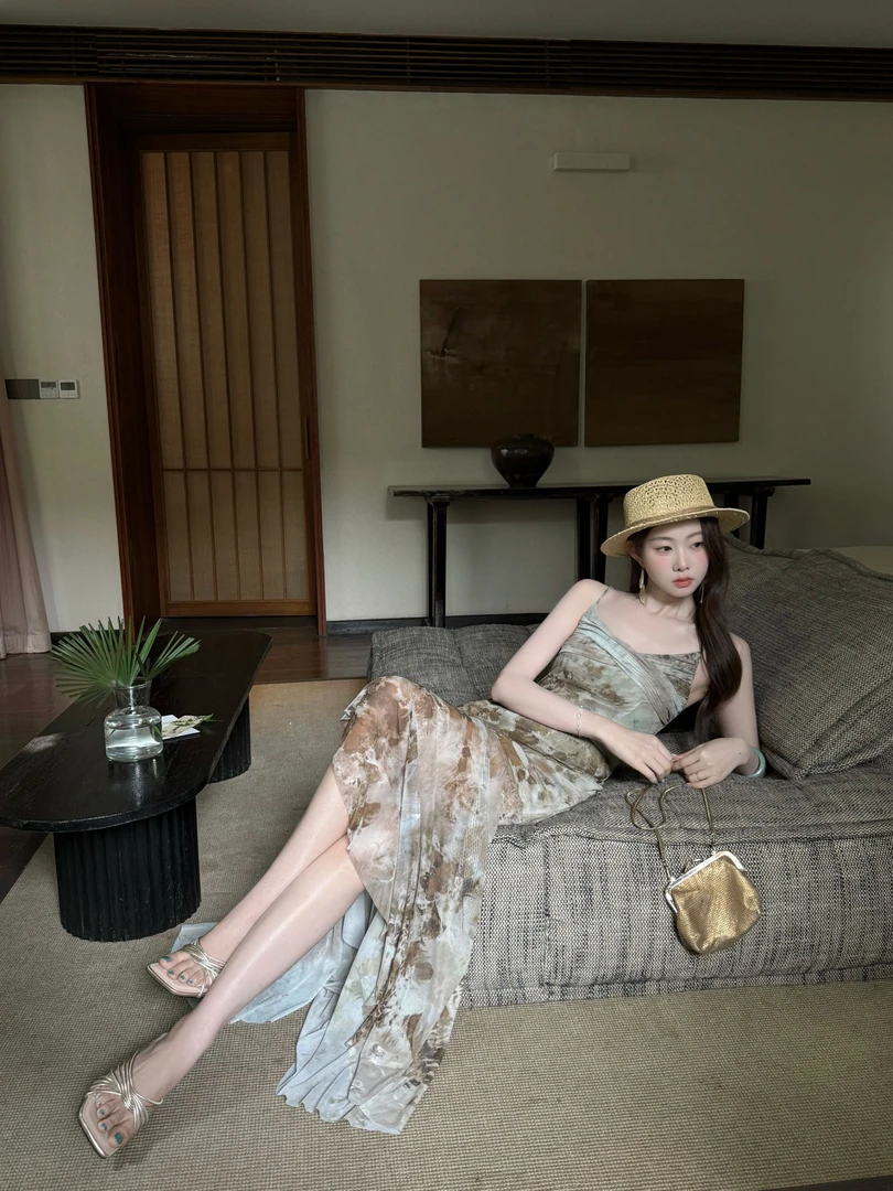 EIA一尧【观山海】复古气质买手连衣裙小众掐腰扎染不规则鱼尾摆裙