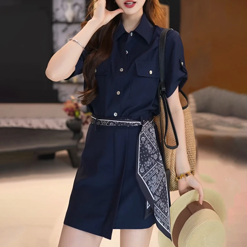 2025年夏季新款连体裙女生时尚百搭休闲显瘦宽松短袖假两件连衣裙