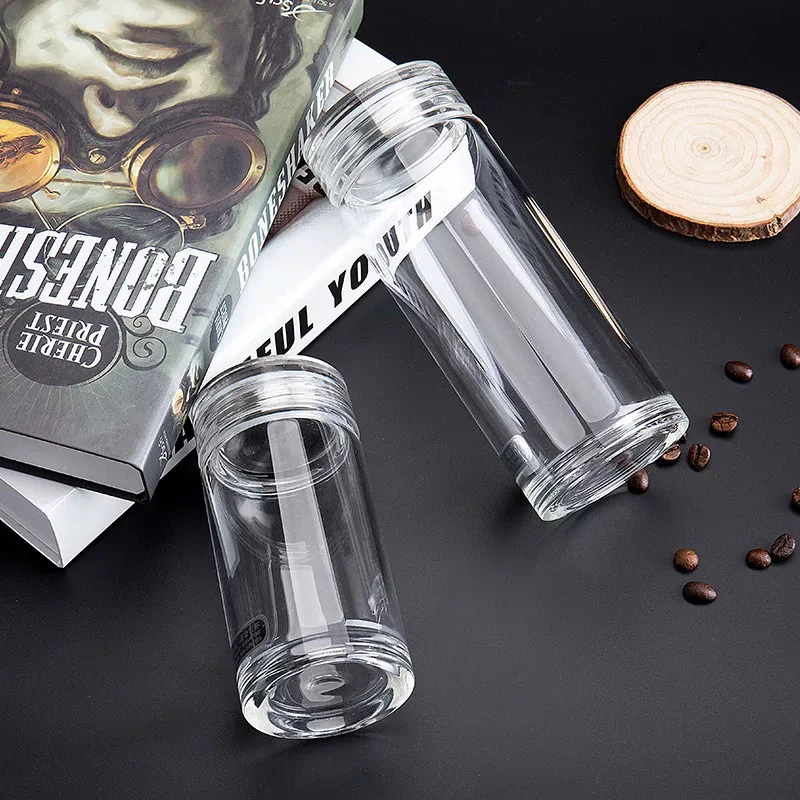 诺岩透明塑钢盖加厚双层玻璃茶杯男士泡茶专用透明水杯隔热便携