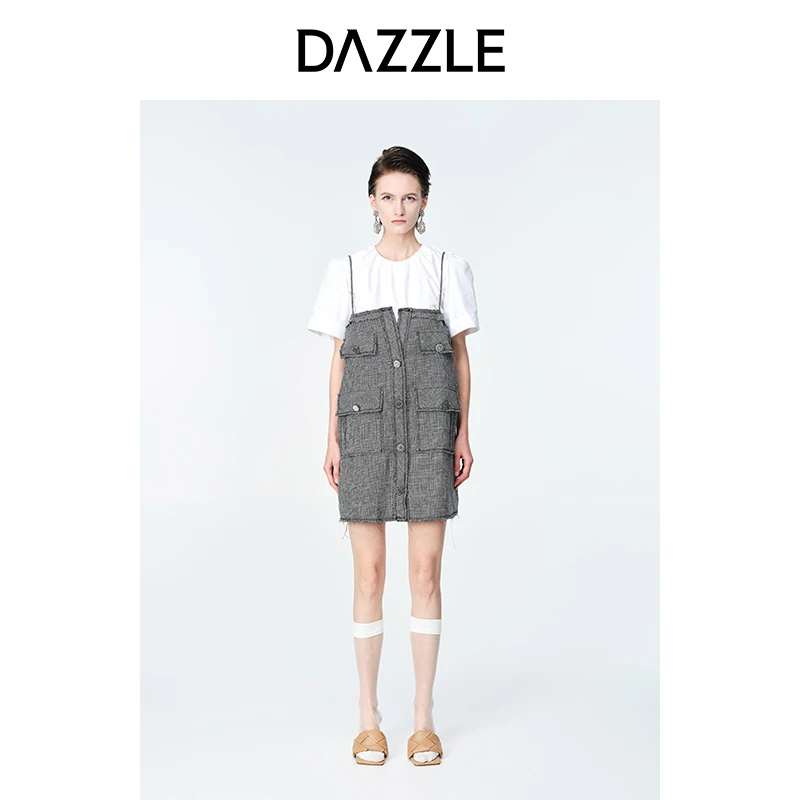 DAZZLE地素秋小香风毛边吊带裙套装2E3O403